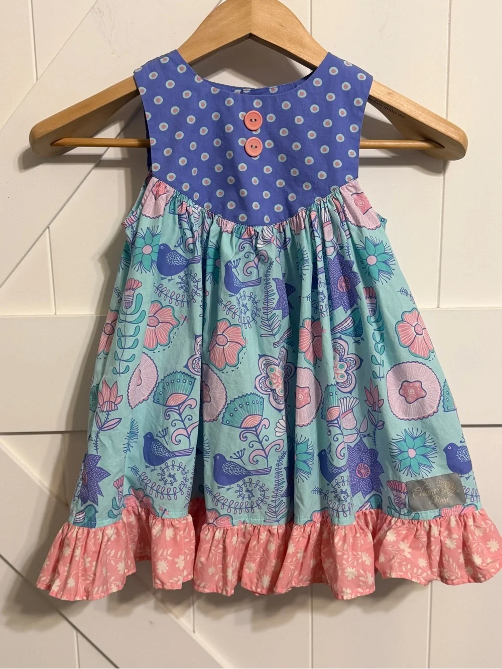 Eleanor Rose Girls Size 4-5 Floral Bird Ruffle Boutique Dress Blue Pink